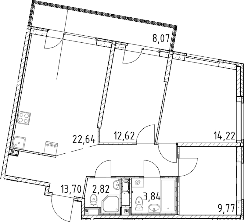 3-комнатная квартира 79.61 м², 13/17 эт., ЖК «Город Первых»